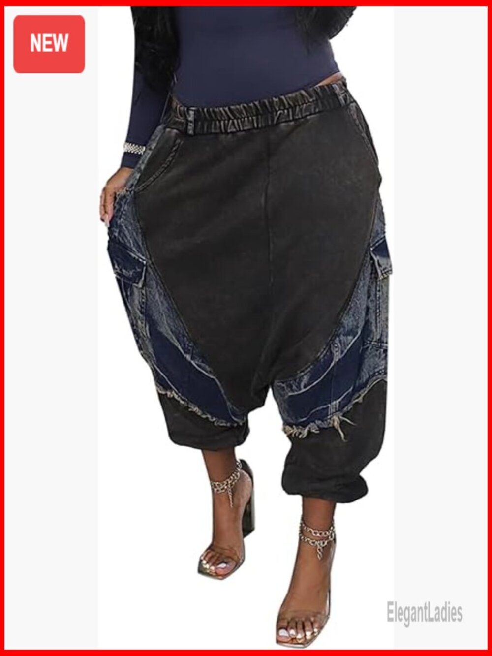Wide Leg Harem Jeans with Patchwork Tassels Elastic Waist Cargo Pants